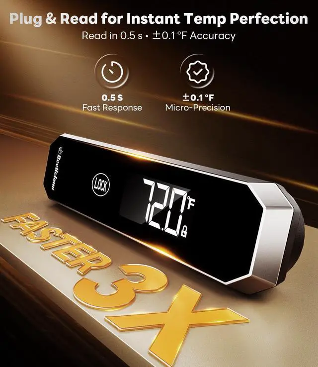 Alt view image 3 of 7 - Meat Thermometer with Temp Lock & Auto-Resume, Multi-Tested 0.5 Sec Instant Read Digital Probe, IP67 Waterproof 18/8 Stainless Steel for Cooking, Grilling, BBQ, Smoker, Candy, Black