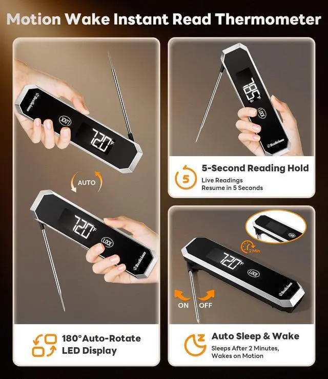 Alt view image 7 of 7 - Meat Thermometer with Temp Lock & Auto-Resume, Multi-Tested 0.5 Sec Instant Read Digital Probe, IP67 Waterproof 18/8 Stainless Steel for Cooking, Grilling, BBQ, Smoker, Candy, Black