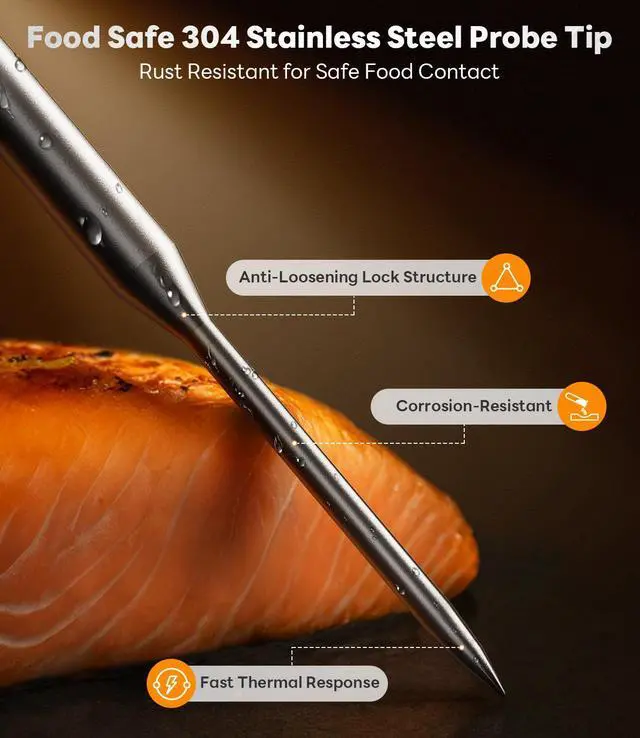 Alt view image 6 of 7 - Meat Thermometer with Temp Lock & Auto-Resume, Multi-Tested 0.5 Sec Instant Read Digital Probe, IP67 Waterproof 18/8 Stainless Steel for Cooking, Grilling, BBQ, Smoker, Candy, Black