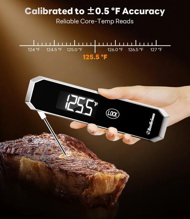 Alt view image 4 of 7 - Meat Thermometer with Temp Lock & Auto-Resume, Multi-Tested 0.5 Sec Instant Read Digital Probe, IP67 Waterproof 18/8 Stainless Steel for Cooking, Grilling, BBQ, Smoker, Candy, Black