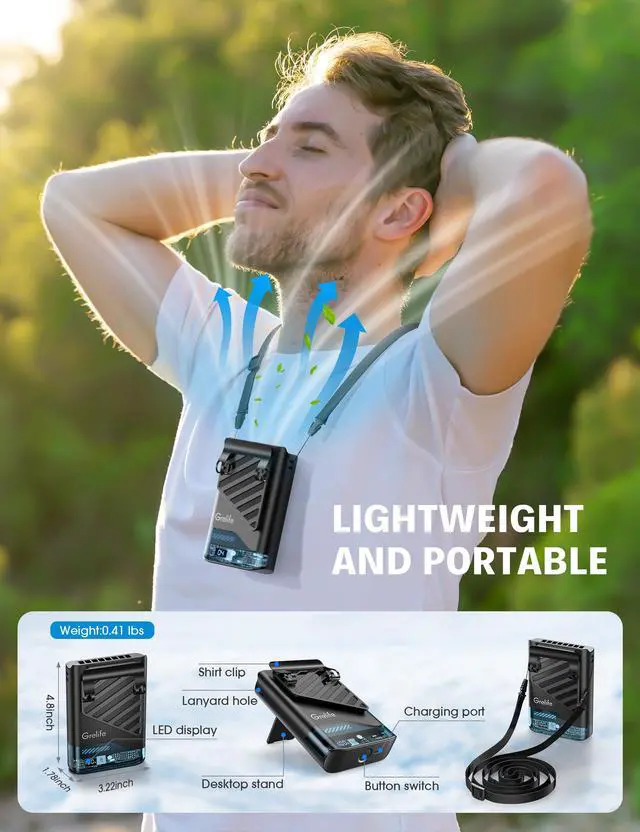 Alt view image 5 of 7 - AI Portable Waist Fan Rechargeable,10000mAh LED Clip Fan,5 Speed 10000RPM 33ft/s Airflow,40H Runtime Hands-Free Neck Fan,Personal Wearable Cooling Fan for Outdoor,Camping,Jobsite,Travel(Black)
