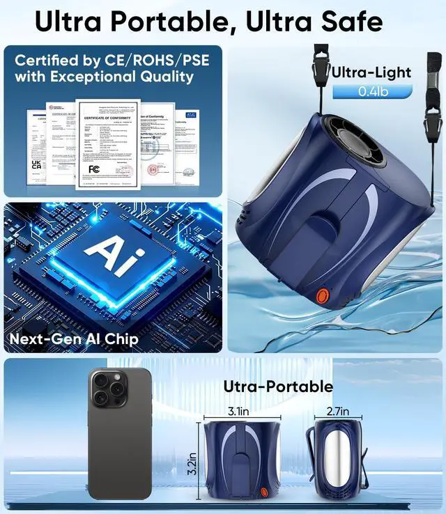 Alt view image 6 of 7 - AI Portable Waist Fan, 6-Speed 16000RPM Strong Turbo Airflow, 40H Max Cooling Battery Powered Personal Fan Rechargeable, Hands-Free for Work, Outdoor, Travel, Gift for Men - Blue
