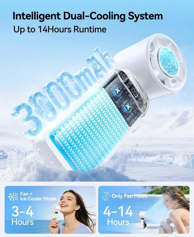 Alt view image 5 of 7 - Handheld Portable Turbo Fan with Ice Cooler, Powerful 21000 RPM, Speed (1-199), Up to 14Hrs Cooling, Rechargeable Personal Fan, Small Pocket Hand Fans for Travel/Outdoor/Home/Office (White)