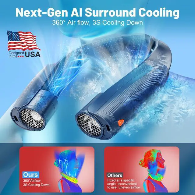 Alt view image 2 of 7 - AI Portable Neck Fan with 6 Powerful Speeds, 8000mAh Battery Operated USB-C Rechargeable Fan, Hands-Free 360° Cooling Neck Fan,Twistable,Ultra-Quiet Personal Fan Gift for Women Men(Blue)