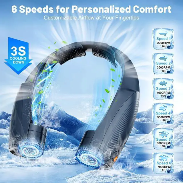 Alt view image 4 of 7 - AI Portable Neck Fan with 6 Powerful Speeds, 8000mAh Battery Operated USB-C Rechargeable Fan, Hands-Free 360° Cooling Neck Fan,Twistable,Ultra-Quiet Personal Fan Gift for Women Men(Blue)