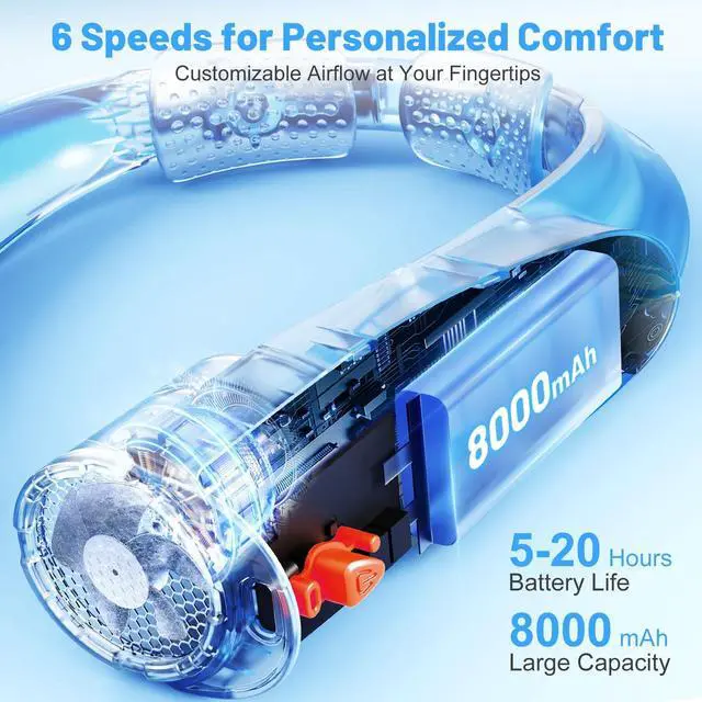 Alt view image 5 of 7 - AI Portable Neck Fan with 6 Powerful Speeds, 8000mAh Battery Operated USB-C Rechargeable Fan, Hands-Free 360° Cooling Neck Fan,Twistable,Ultra-Quiet Personal Fan Gift for Women Men(Blue)