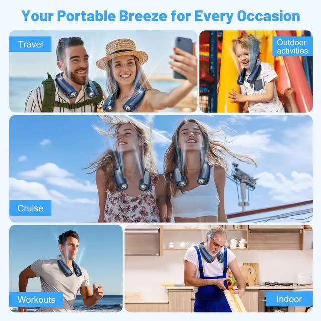 Alt view image 7 of 7 - AI Portable Neck Fan with 6 Powerful Speeds, 8000mAh Battery Operated USB-C Rechargeable Fan, Hands-Free 360° Cooling Neck Fan,Twistable,Ultra-Quiet Personal Fan Gift for Women Men(Blue)