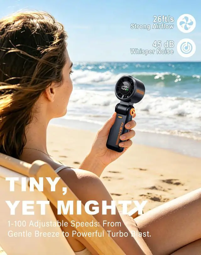 Alt view image 2 of 7 - Portable Handheld Turbo Fan - 5 Speed Mini Personal Fan with Strong Airflow, Foldable 3 in 1 Rechargeable Battery Operated Trave Essentials Hand Fans for Indoor/Outdoor Use, Black