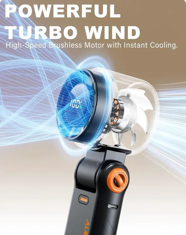 Alt view image 7 of 7 - Portable Handheld Turbo Fan - 5 Speed Mini Personal Fan with Strong Airflow, Foldable 3 in 1 Rechargeable Battery Operated Trave Essentials Hand Fans for Indoor/Outdoor Use, Black
