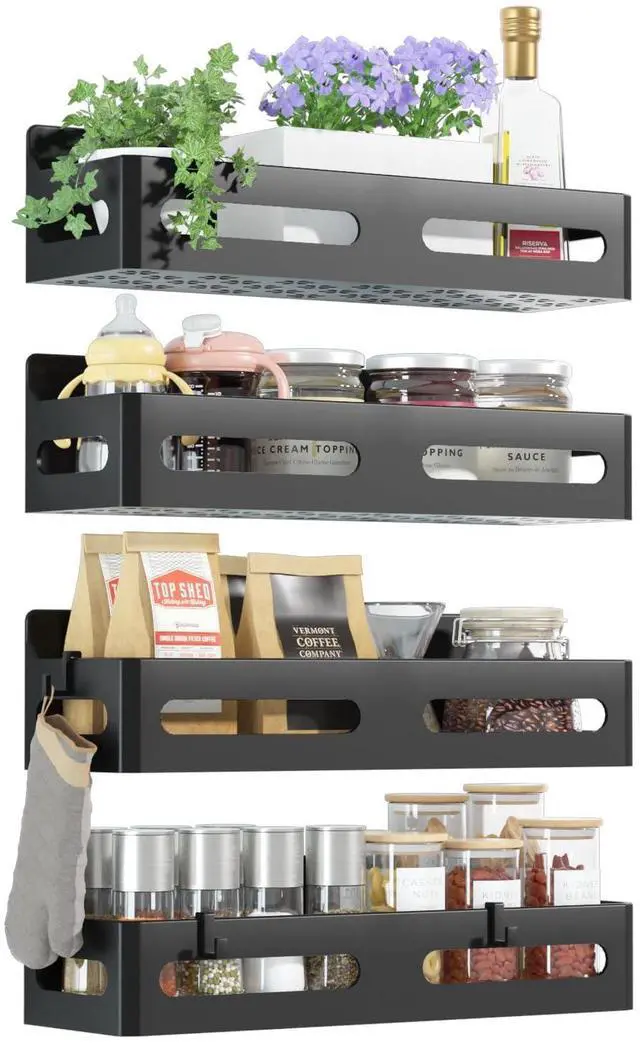 Main image of 4-Pack Magnetic Spice Rack for Refrigerator with Hooks, Black