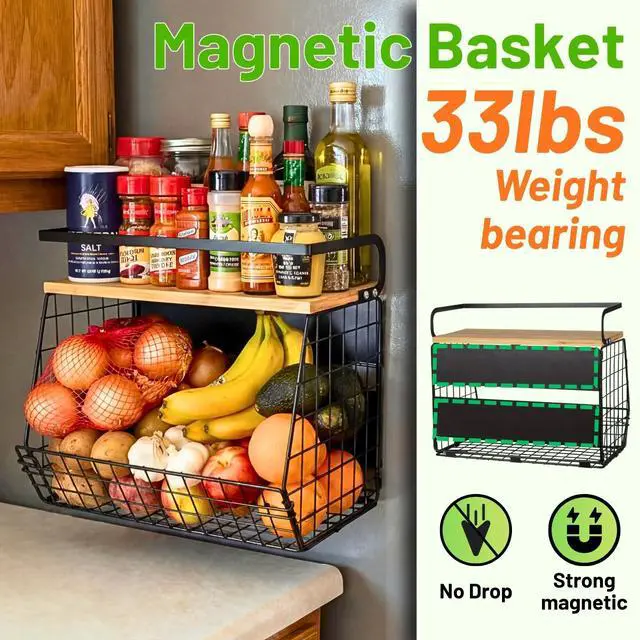 Alt view image 2 of 7 - Magnetic Shelf for Fridge with Wood Lid, Fruit Potato and Onion Storage Bins, Pantry Organizers & Storage, Large Container Magnetic Spice Rack for Refrigerator, Kitchen Counter, Cabinet