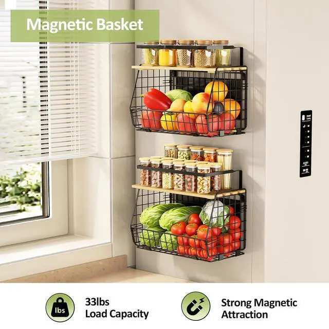 Alt view image 2 of 7 - Magnetic Shelf for Fridge with Lid: 2 Pack Fruit Potato and Onion Storage Bin - Magnetic Spice Rack for Refrigerator & Kitchen Counter - Pantry Organizers and Storage