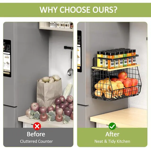 Alt view image 6 of 7 - Magnetic Shelf for Fridge with Lid: 2 Pack Fruit Potato and Onion Storage Bin - Magnetic Spice Rack for Refrigerator & Kitchen Counter - Pantry Organizers and Storage