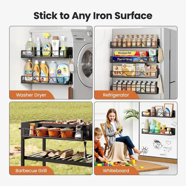 Alt view image 6 of 7 - 16.9 Inch Wide Large Capacity Magnetic Spice Rack for Refrigerator,4 Pack Metal Fridge Shelf Apartment Essentials Fridge Organizer Magnetic Storage Fridge Magnet Organizer(Black)