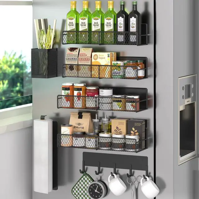 Main image of Magnetic Spice Rack for Refrigerator, 7 Pack Metal Shelf Black , Moveable Organizer with Hook Rack, Paper Towel Holder, Kitchenware Strong Storage Fridge