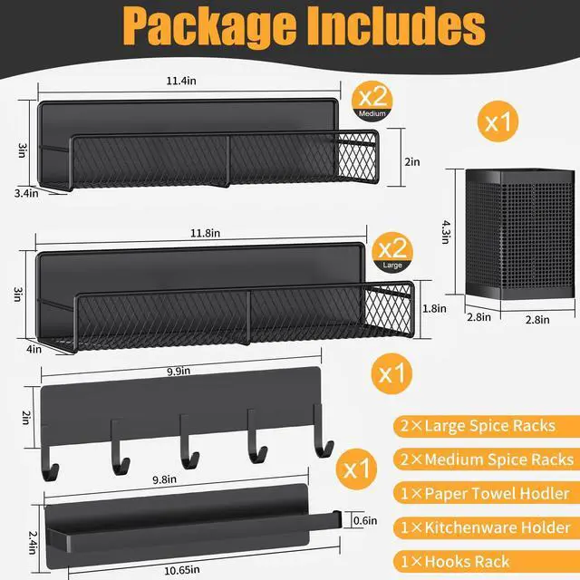 Alt view image 2 of 6 - Magnetic Spice Rack for Refrigerator, 7 Pack Metal Shelf Black , Moveable Organizer with Hook Rack, Paper Towel Holder, Kitchenware Strong Storage Fridge