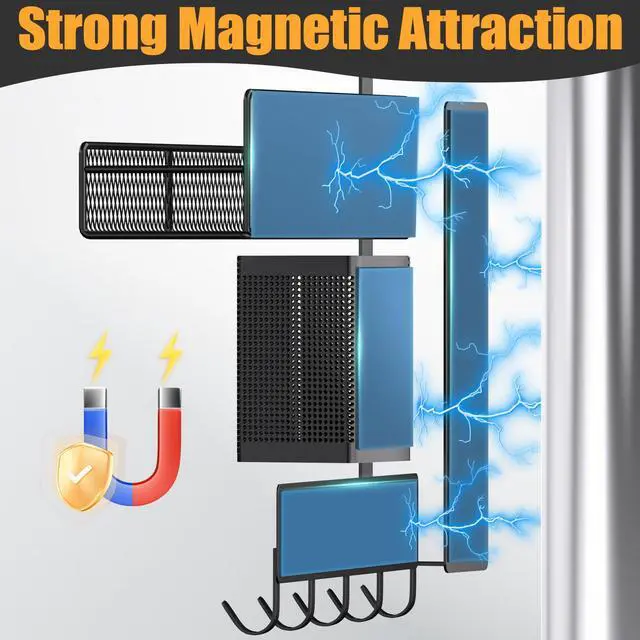 Alt view image 3 of 6 - Magnetic Spice Rack for Refrigerator, 7 Pack Metal Shelf Black , Moveable Organizer with Hook Rack, Paper Towel Holder, Kitchenware Strong Storage Fridge