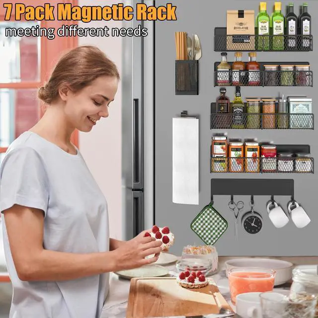 Alt view image 5 of 6 - Magnetic Spice Rack for Refrigerator, 7 Pack Metal Shelf Black , Moveable Organizer with Hook Rack, Paper Towel Holder, Kitchenware Strong Storage Fridge