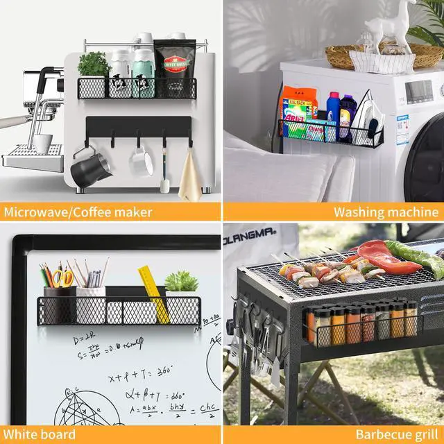 Alt view image 6 of 6 - Magnetic Spice Rack for Refrigerator, 7 Pack Metal Shelf Black , Moveable Organizer with Hook Rack, Paper Towel Holder, Kitchenware Strong Storage Fridge