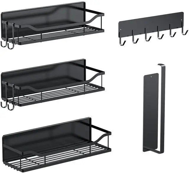 Main image of Magnetic Spice Rack,Multifunctional Magnetic Shelf for Washing Machine,Refrigerator,Microwave,and Any Metal Surface,Powerful Magnetic Shelves Include Magnetic Paper Towel Holder (5 pcs - Black)