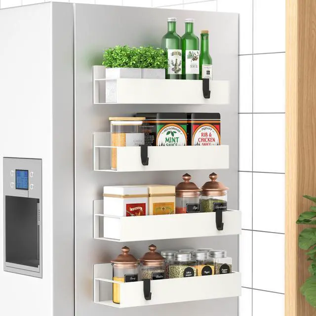 Main image of 4 Pack Magnetic Spice Storage Rack Organizer for Refrigerator and Oven, Cream White Fridge Organizers and Storage