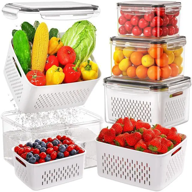 Main image of 4 PCS Fruit Storage Containers for Fridge, Produce Containers for Fridge with Removable Colander, All-In-One Fruit Washing Bowl with Strainer Microwave/Dishwasher Safe for Salad Berry Lettuce Keeper