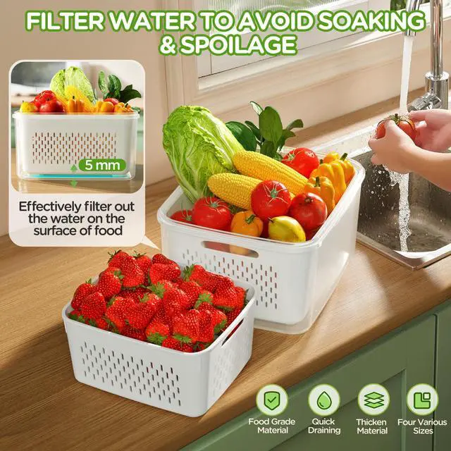 Alt view image 2 of 7 - 4 PCS Fruit Storage Containers for Fridge, Produce Containers for Fridge with Removable Colander, All-In-One Fruit Washing Bowl with Strainer Microwave/Dishwasher Safe for Salad Berry Lettuce Keeper