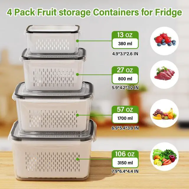 Alt view image 3 of 7 - 4 PCS Fruit Storage Containers for Fridge, Produce Containers for Fridge with Removable Colander, All-In-One Fruit Washing Bowl with Strainer Microwave/Dishwasher Safe for Salad Berry Lettuce Keeper
