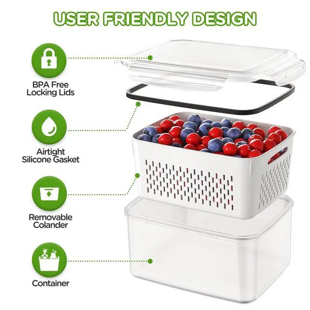 Alt view image 4 of 7 - 4 PCS Fruit Storage Containers for Fridge, Produce Containers for Fridge with Removable Colander, All-In-One Fruit Washing Bowl with Strainer Microwave/Dishwasher Safe for Salad Berry Lettuce Keeper