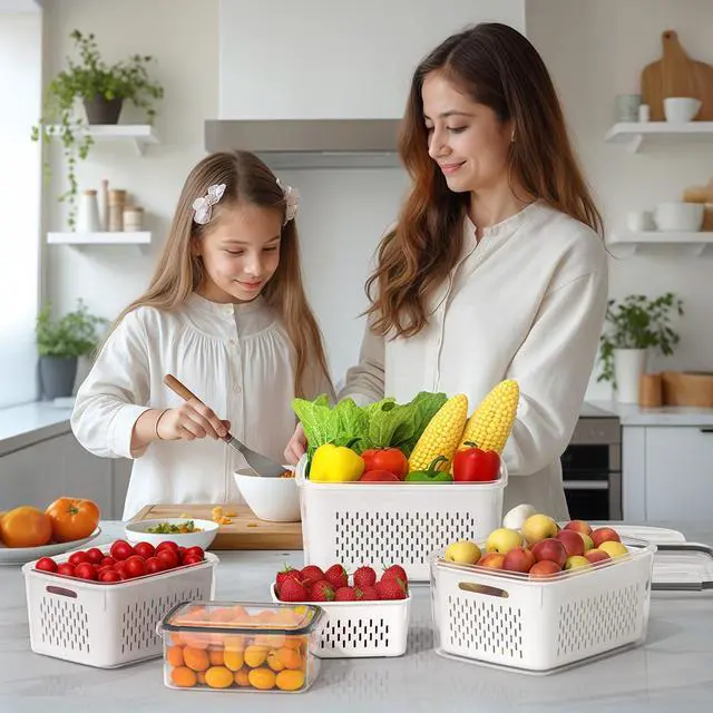 Alt view image 5 of 7 - 4 PCS Fruit Storage Containers for Fridge, Produce Containers for Fridge with Removable Colander, All-In-One Fruit Washing Bowl with Strainer Microwave/Dishwasher Safe for Salad Berry Lettuce Keeper