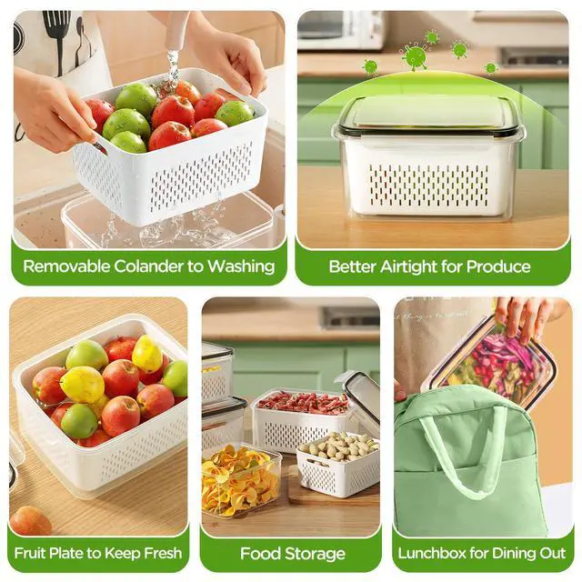 Alt view image 7 of 7 - 4 PCS Fruit Storage Containers for Fridge, Produce Containers for Fridge with Removable Colander, All-In-One Fruit Washing Bowl with Strainer Microwave/Dishwasher Safe for Salad Berry Lettuce Keeper