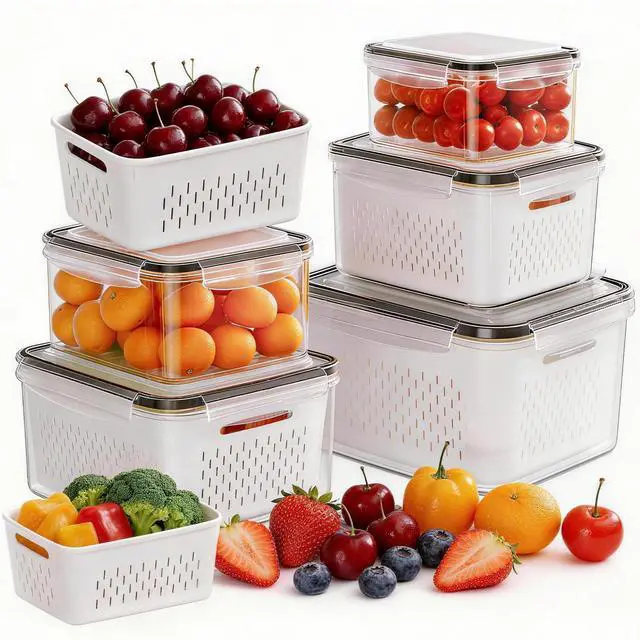 Main image of 5 Pack Fruit Storage Containers for Fridge, Plastic Fruit Containers for Fridge with Removable Colanders, Leakproof Fridge Organizers and Storage for Berry Vegetable Salad Lettuce Meat Food