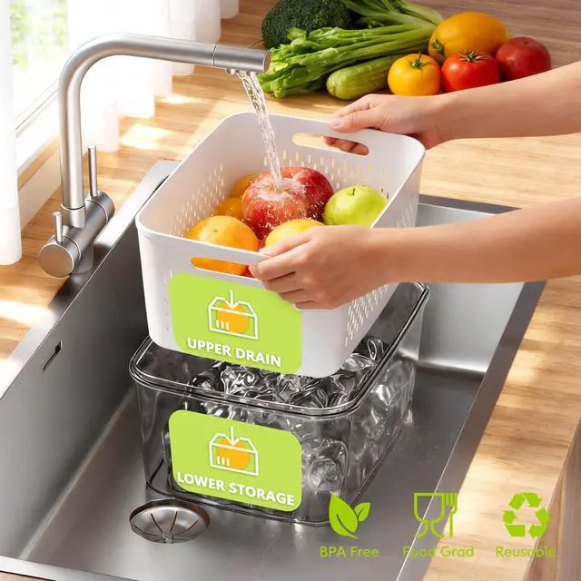 Alt view image 2 of 7 - 5 Pack Fruit Storage Containers for Fridge, Plastic Fruit Containers for Fridge with Removable Colanders, Leakproof Fridge Organizers and Storage for Berry Vegetable Salad Lettuce Meat Food