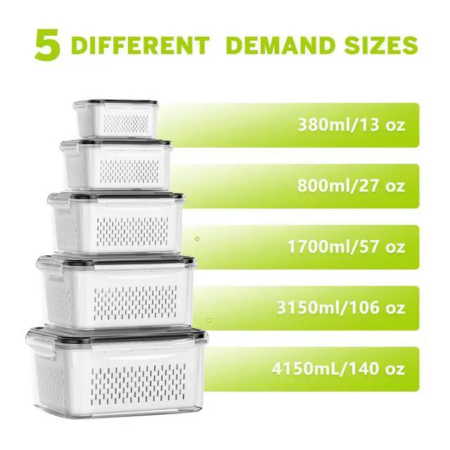 Alt view image 3 of 7 - 5 Pack Fruit Storage Containers for Fridge, Plastic Fruit Containers for Fridge with Removable Colanders, Leakproof Fridge Organizers and Storage for Berry Vegetable Salad Lettuce Meat Food