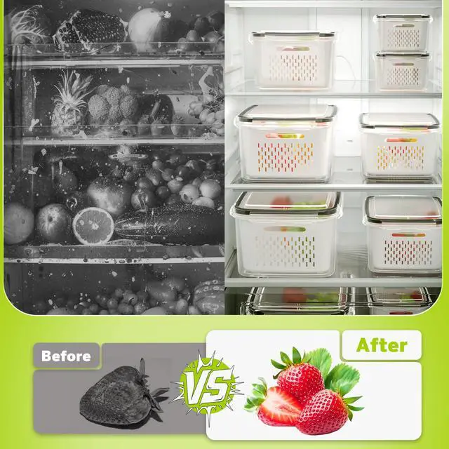 Alt view image 4 of 7 - 5 Pack Fruit Storage Containers for Fridge, Plastic Fruit Containers for Fridge with Removable Colanders, Leakproof Fridge Organizers and Storage for Berry Vegetable Salad Lettuce Meat Food