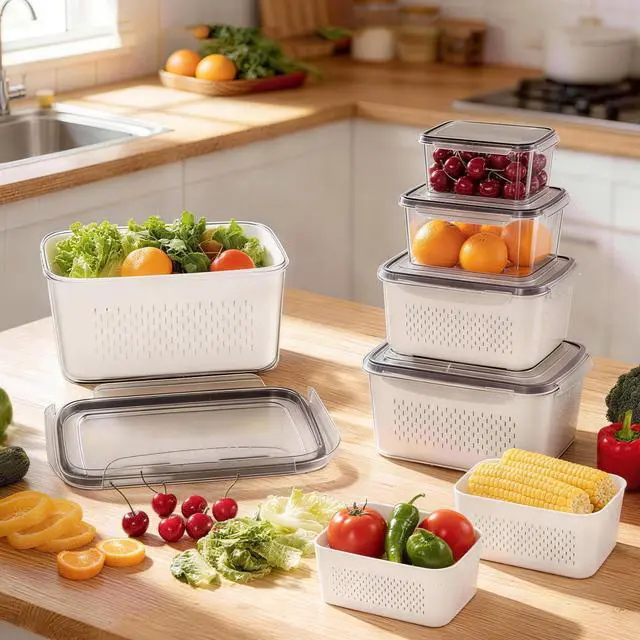 Alt view image 5 of 7 - 5 Pack Fruit Storage Containers for Fridge, Plastic Fruit Containers for Fridge with Removable Colanders, Leakproof Fridge Organizers and Storage for Berry Vegetable Salad Lettuce Meat Food