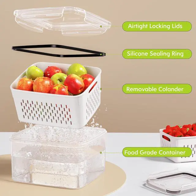 Alt view image 6 of 7 - 5 Pack Fruit Storage Containers for Fridge, Plastic Fruit Containers for Fridge with Removable Colanders, Leakproof Fridge Organizers and Storage for Berry Vegetable Salad Lettuce Meat Food