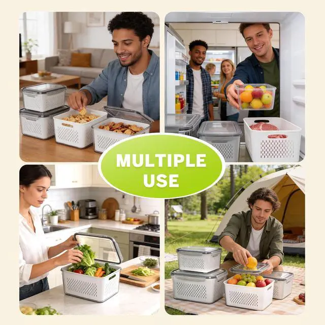 Alt view image 7 of 7 - 5 Pack Fruit Storage Containers for Fridge, Plastic Fruit Containers for Fridge with Removable Colanders, Leakproof Fridge Organizers and Storage for Berry Vegetable Salad Lettuce Meat Food