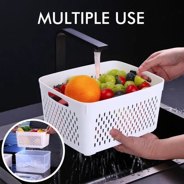Alt view image 5 of 7 - 5-Pack Large Fruit Storage Container for Fridge Leak proof with Removable Colander, BPA Free Dishwasher & microwave safe Largest 4.15L