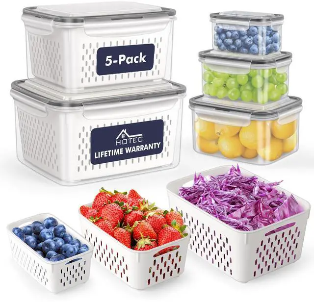 Main image of 5-Pack Large Fruit Storage Container for Fridge Leak proof with Removable Colander, BPA Free Dishwasher & microwave safe Largest 4.15L