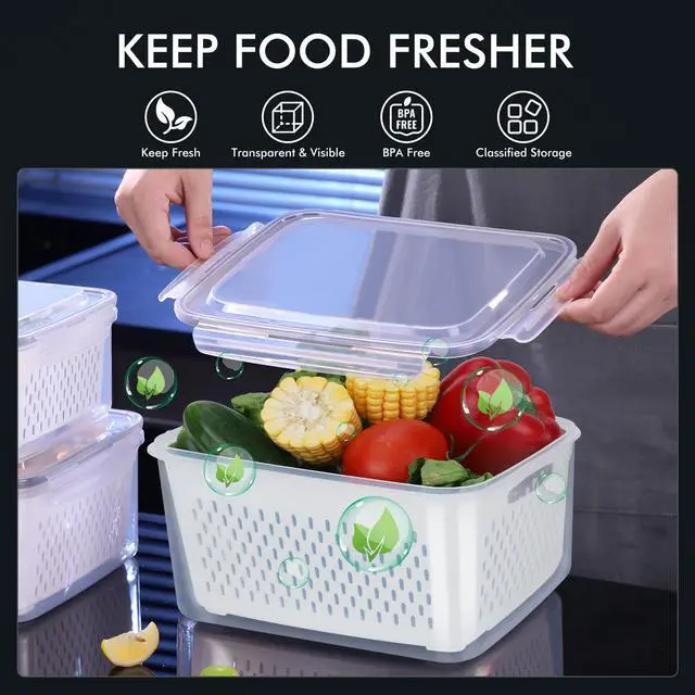Alt view image 3 of 7 - 5-Pack Large Fruit Storage Container for Fridge Leak proof with Removable Colander, BPA Free Dishwasher & microwave safe Largest 4.15L