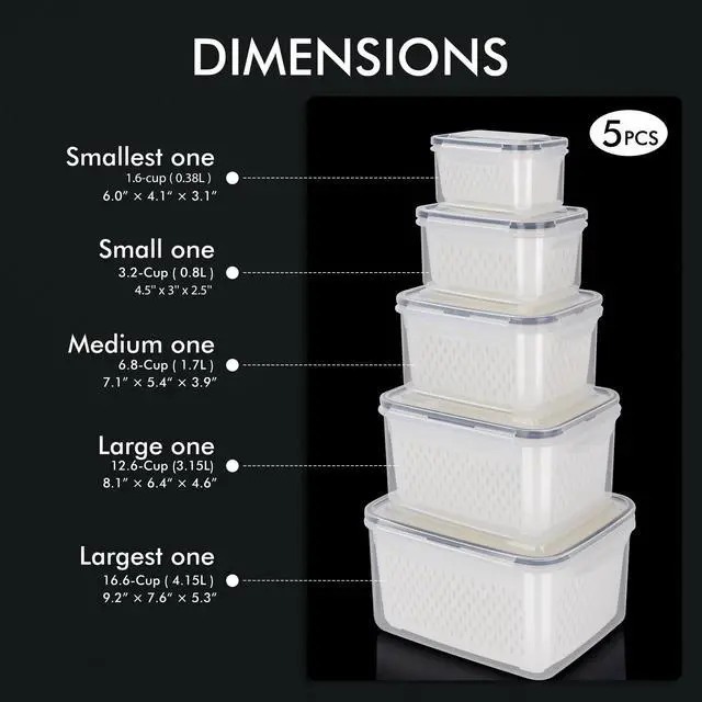 Alt view image 2 of 7 - 5-Pack Large Fruit Storage Container for Fridge Leak proof with Removable Colander, BPA Free Dishwasher & microwave safe Largest 4.15L