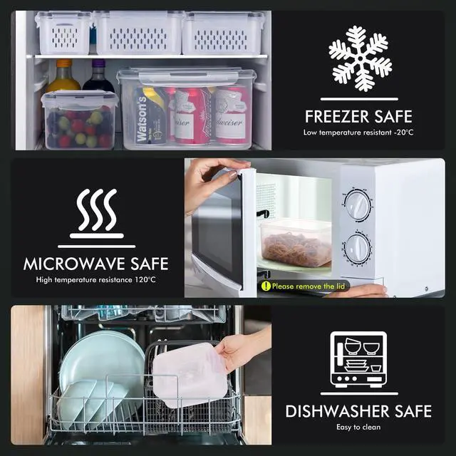Alt view image 6 of 7 - 5-Pack Large Fruit Storage Container for Fridge Leak proof with Removable Colander, BPA Free Dishwasher & microwave safe Largest 4.15L