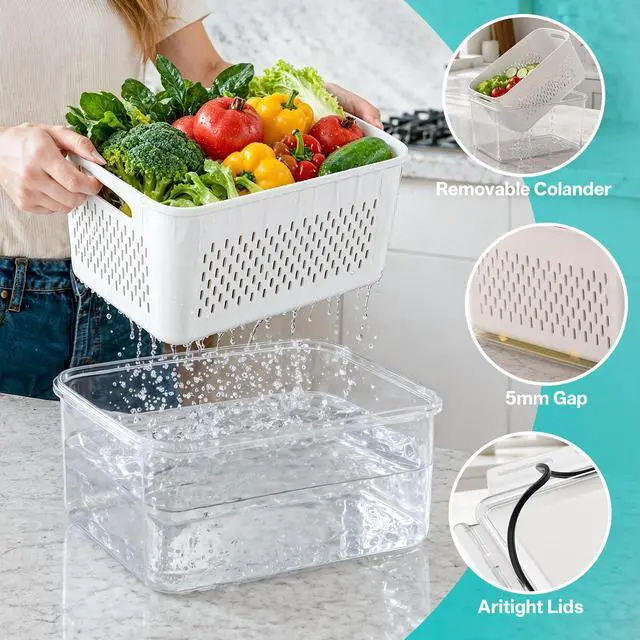 Alt view image 2 of 7 - 4 Pack Fruit Storage Containers for Fridge Set, Produce Containers for Fridge with Strainer, Plastic Reusable Fridge Organizers and Storage for Berry Salad Lettuce, Size 3.4, 1.8, 0.9, 0.4QT