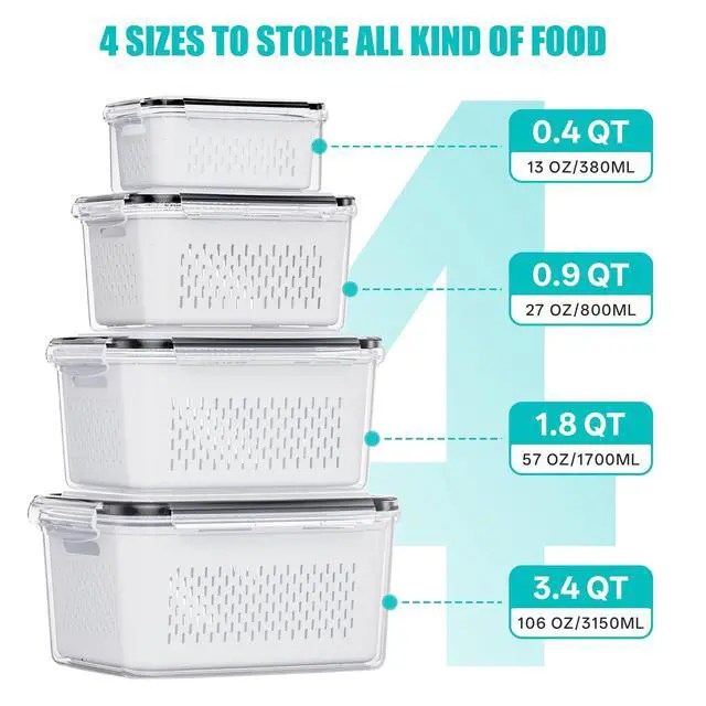 Alt view image 3 of 7 - 4 Pack Fruit Storage Containers for Fridge Set, Produce Containers for Fridge with Strainer, Plastic Reusable Fridge Organizers and Storage for Berry Salad Lettuce, Size 3.4, 1.8, 0.9, 0.4QT