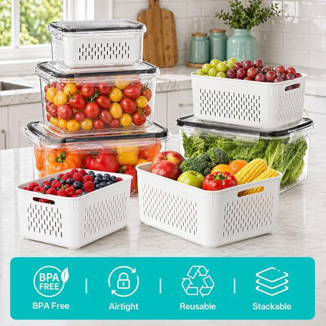Alt view image 4 of 7 - 4 Pack Fruit Storage Containers for Fridge Set, Produce Containers for Fridge with Strainer, Plastic Reusable Fridge Organizers and Storage for Berry Salad Lettuce, Size 3.4, 1.8, 0.9, 0.4QT