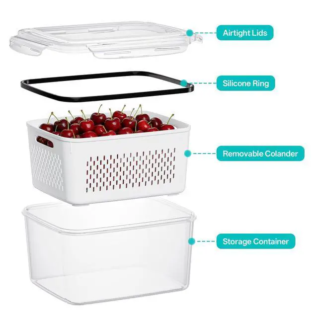 Alt view image 5 of 7 - 4 Pack Fruit Storage Containers for Fridge Set, Produce Containers for Fridge with Strainer, Plastic Reusable Fridge Organizers and Storage for Berry Salad Lettuce, Size 3.4, 1.8, 0.9, 0.4QT