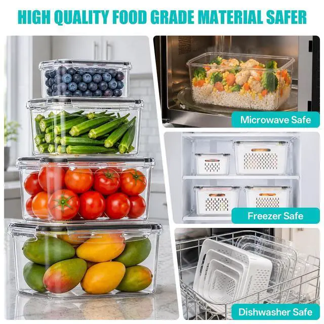 Alt view image 6 of 7 - 4 Pack Fruit Storage Containers for Fridge Set, Produce Containers for Fridge with Strainer, Plastic Reusable Fridge Organizers and Storage for Berry Salad Lettuce, Size 3.4, 1.8, 0.9, 0.4QT