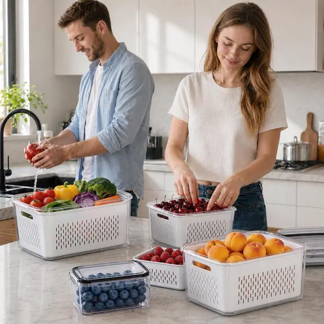 Alt view image 7 of 7 - 4 Pack Fruit Storage Containers for Fridge Set, Produce Containers for Fridge with Strainer, Plastic Reusable Fridge Organizers and Storage for Berry Salad Lettuce, Size 3.4, 1.8, 0.9, 0.4QT
