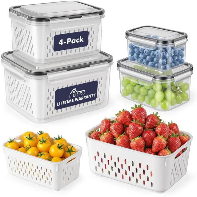 Main image of 4-Pack Large Fruit Storage Container for Fridge Leak proof with Removable Colander, BPA Free Dishwasher & microwave safe Largest 3.15L